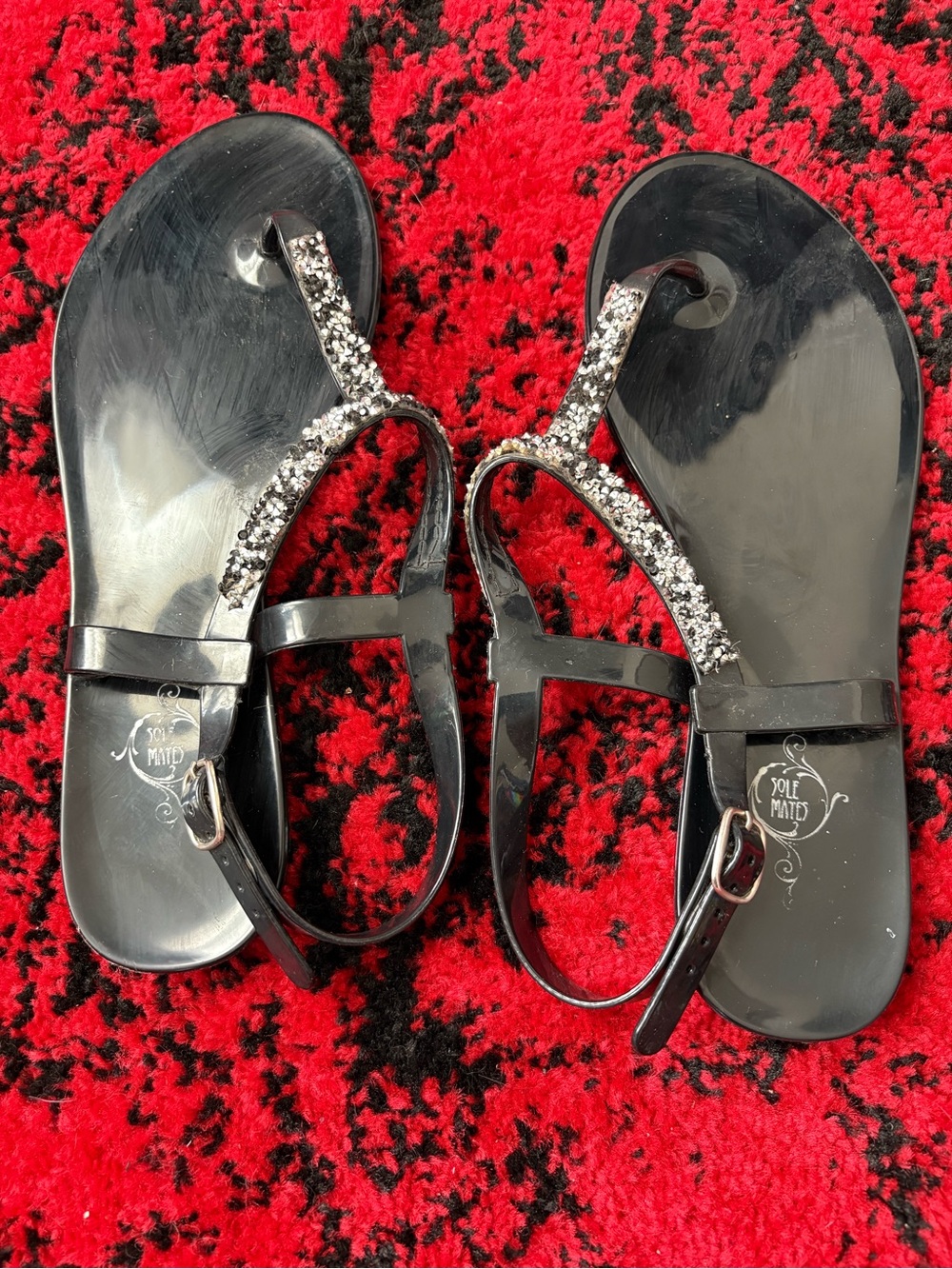 Black Jeweled T-Strap Sandals with Adjustable Ankle Strap